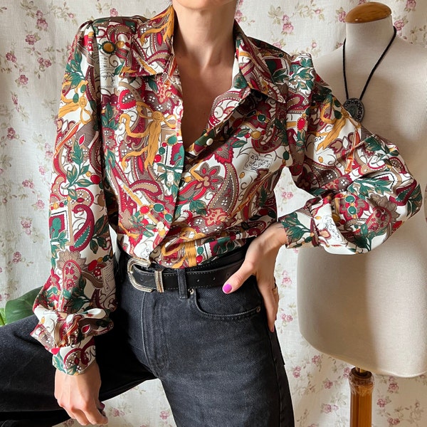 Vintage equestrian shirt 80s Xmas baroque button up elegant feminine office classy floral autumn maximalist novelty academia top medium M