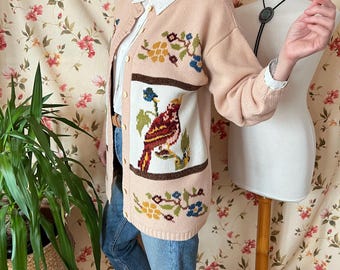 Vintage Bird Embroidery Cardigan L 90s, Sirogojno Style