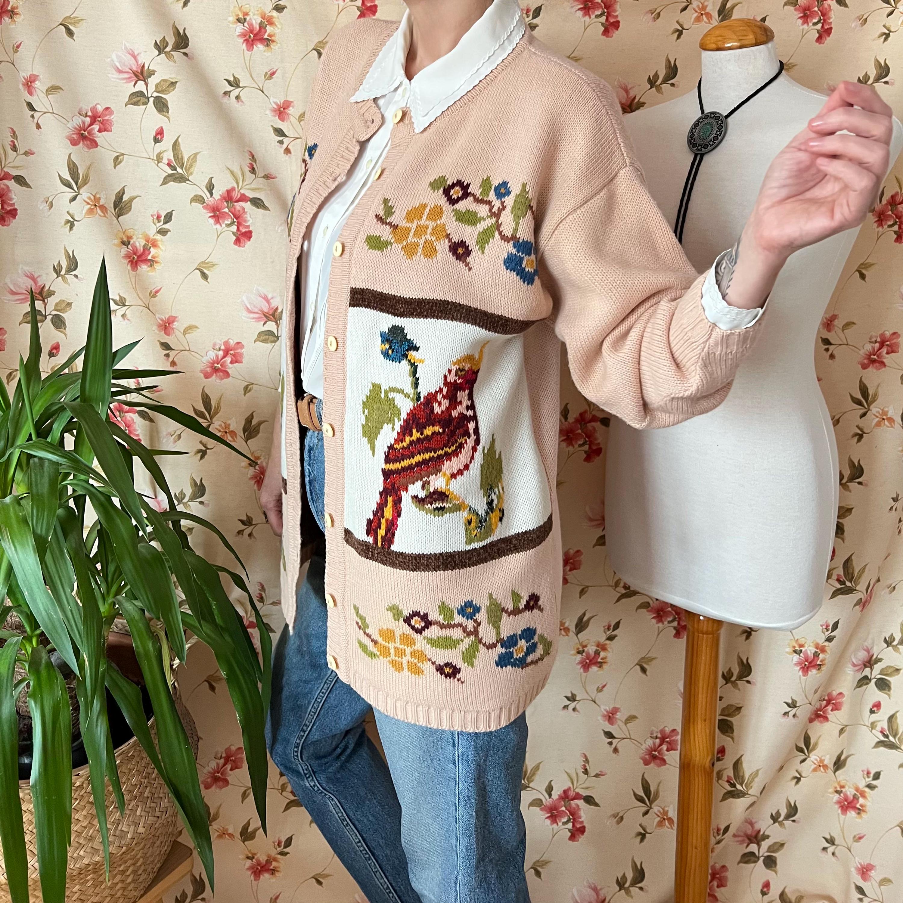 Vintage Bird Embroidery Cardigan L 90s, Sirogojno Style