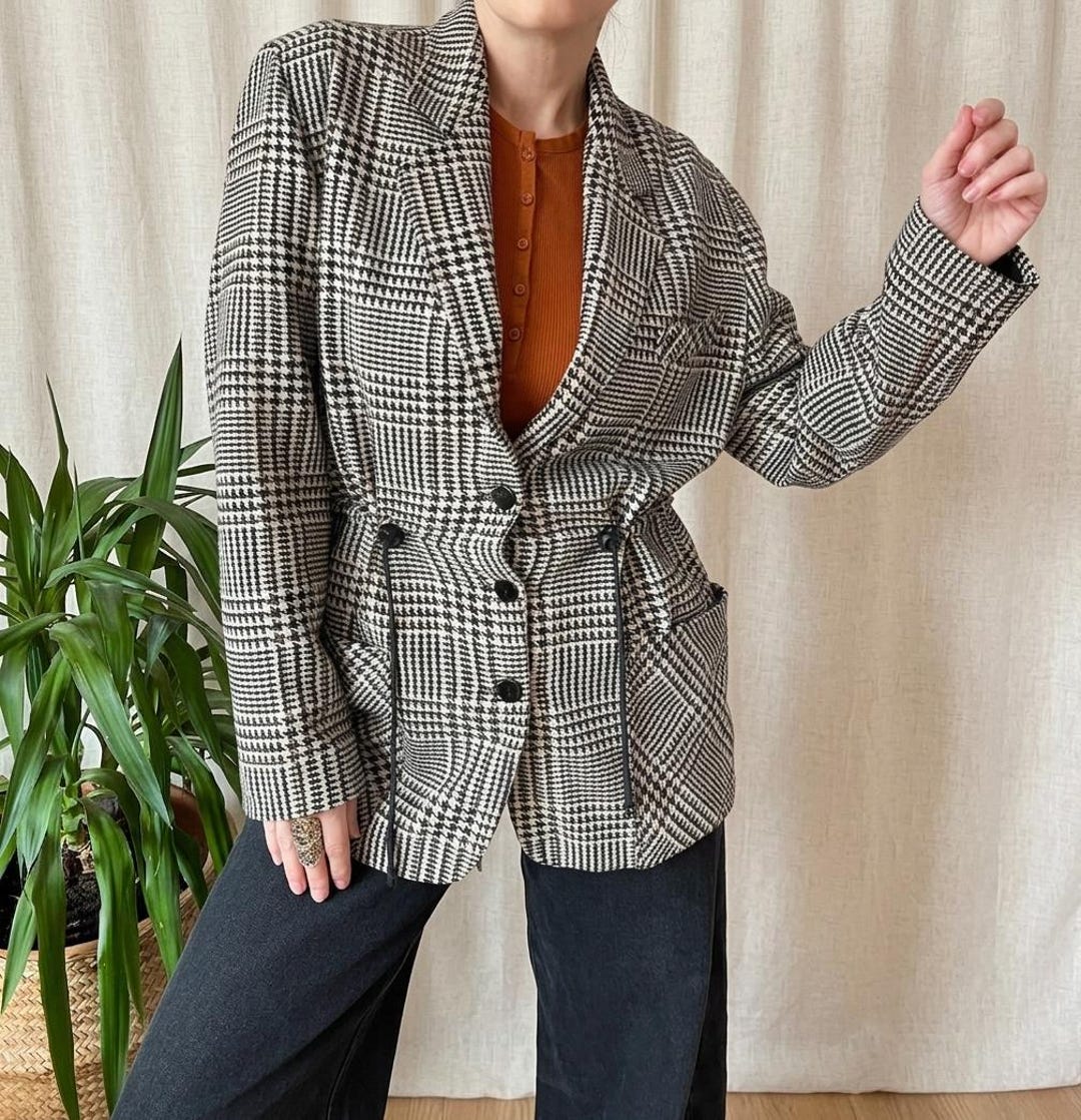 Vintage Houndstooth Wool Blend Jacket M 80s, Chevron Elegant