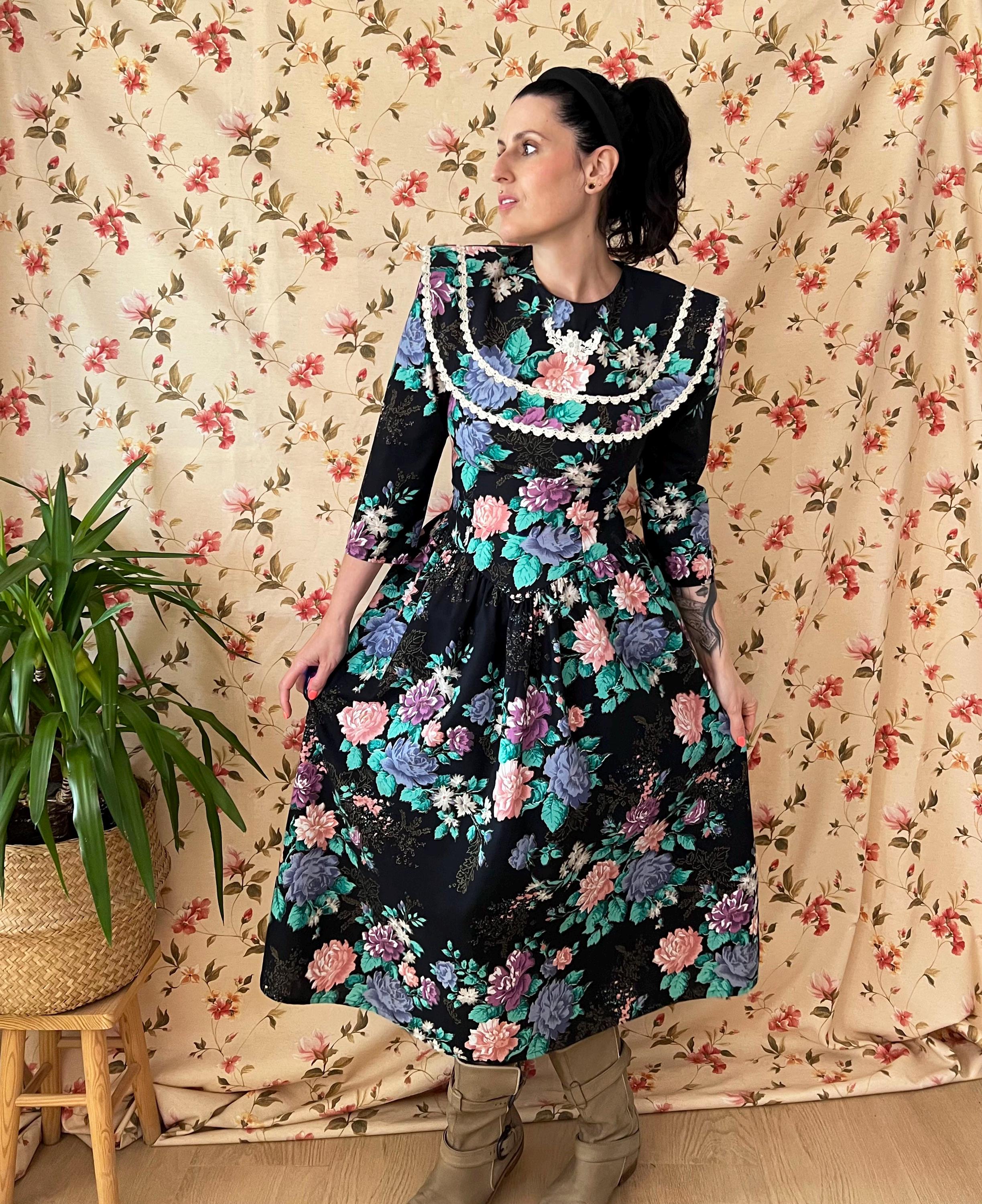 Vintage Romantic Babydoll Dress S 80s, Laura Ashley Style Big