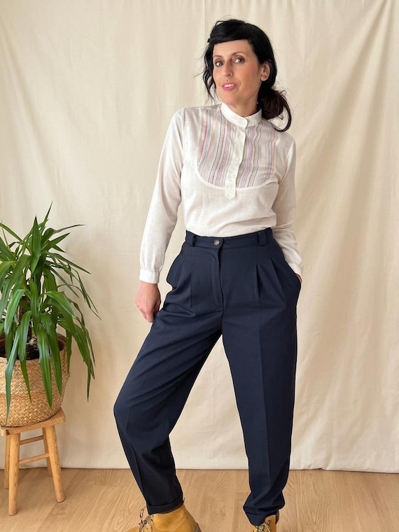 Vintage Navy Pleated Pants M 40s, 90s Nautical High Waist Pegged Office  Academia Slacks - Etsy
