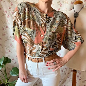 Vintage Tropen Bluse 2XL,Indisch Hawaii Hemd Khaki Safari Tunika Dschungel Top Ethno Sommer Palmen Aloha erdig 90er Jahre Button Down Boho