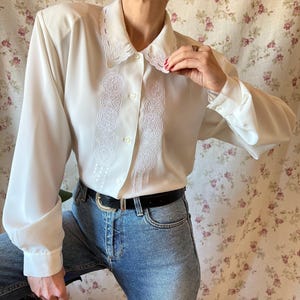 Vintage romantic shirt 40s 90s collar embroidery 2XL, dark academia top coquette ivory elegant babydoll Parisian button up feminine office