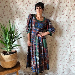 Vintage folk dirndl dress by Sportalm XL, alpine trachten 80s milkmaid ashley midi moss green cottagecore linen winter prairie xmas Austrian