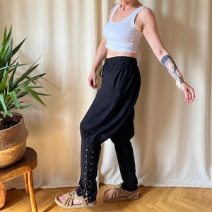 Vintage harem pants L 90s, lace up drawstring trousers Indian baggy ruched leg festival