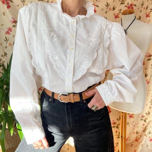 Vintage Victorian style embroidered shirt 80s 2XL 3XL, plus size antique folk top academia gunne lace Gibson girl romantic Edwardian puffy