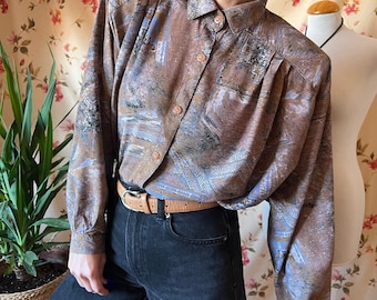 Vintage baroque artsy shirt 90s, funky shoulder pad button up ethnic aztec coffee non binary balloon autumn office busines maximalist XL 2XL