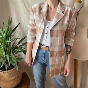 Vintage geruite blazer M jaren 90, pastel linnen academia-jas zakensecretaris lente