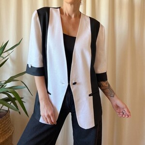 Vintage smokingblazer jaren 90 XL, retro colourblock disco kunstzinnig elegant feest zonder kraag glamour 2XL