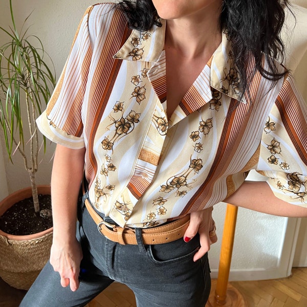 Vintage 70er Stil Folk Shirt der 90er Jahre Retro Boho Bluse mod Dagger Sommer Bluse erdig klassisch Gestreift locker schick Top 60s XL