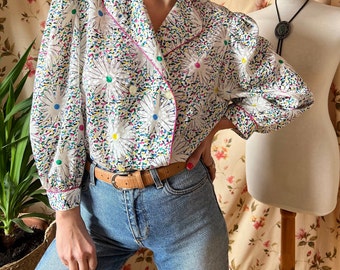 Vintage Parisian shirt 80s plus size, confetti Spring retro top coquette colourful button down satin romantic 40s feminin chic cute puff 2XL