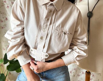 Vintage dirndl trachten shirt edelweiss embroidery 3XL, plus alpine ecru 90s folk cottage Bavarian Austrian button up top Oktoberfest goblin