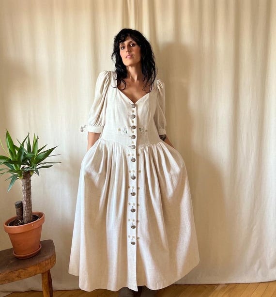 Vintage linen prairie dress 90s XL 2XL, edelweiss embroidery plus Berwin & Wolff romantic Austrian