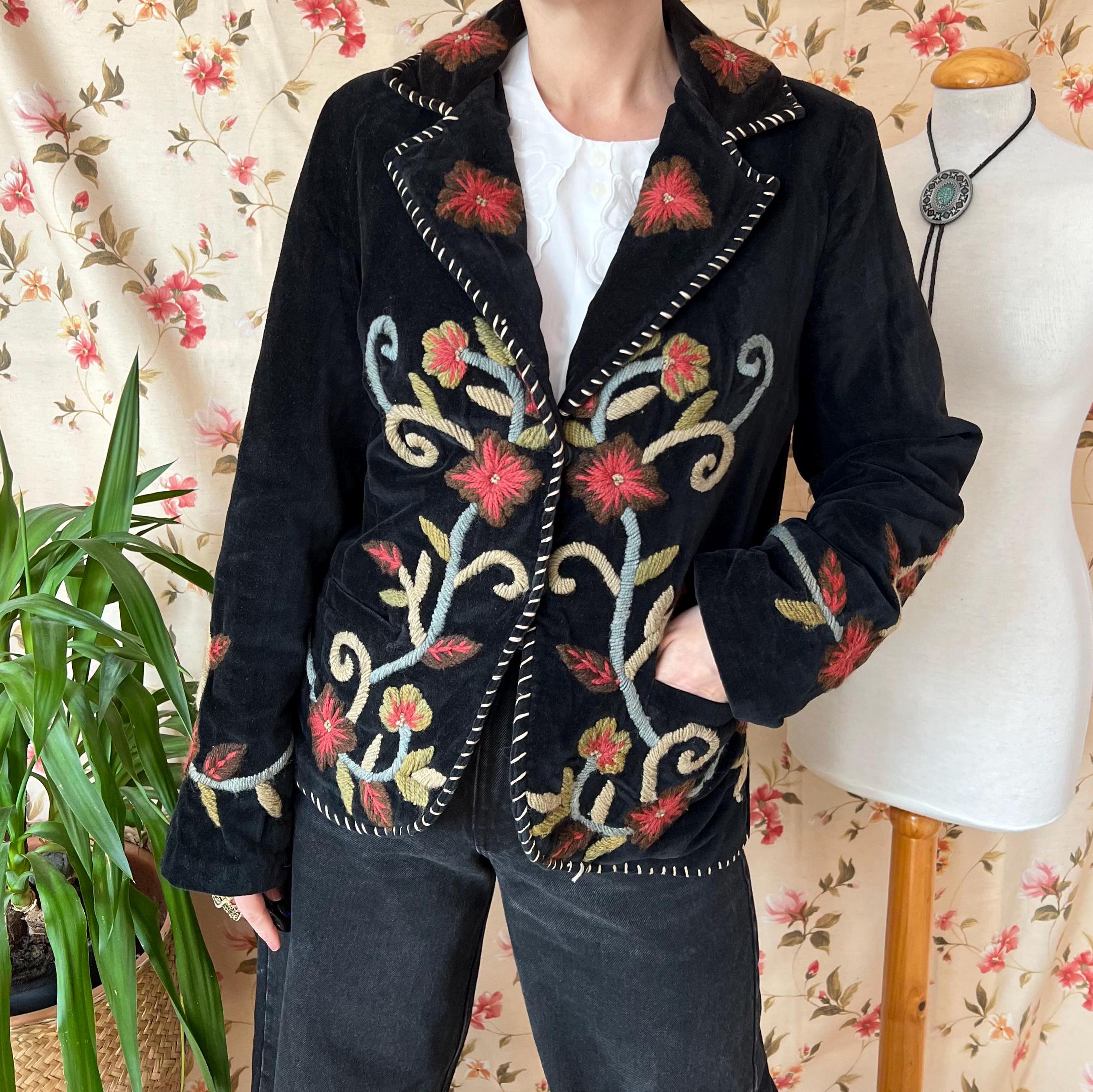 Vintage Indian Velvet Embroidered Jacket M 90s, Cotton Floral Folk 