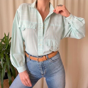 Vintage button up pastel shirt 90s M, funky blouse office balloon sleeve