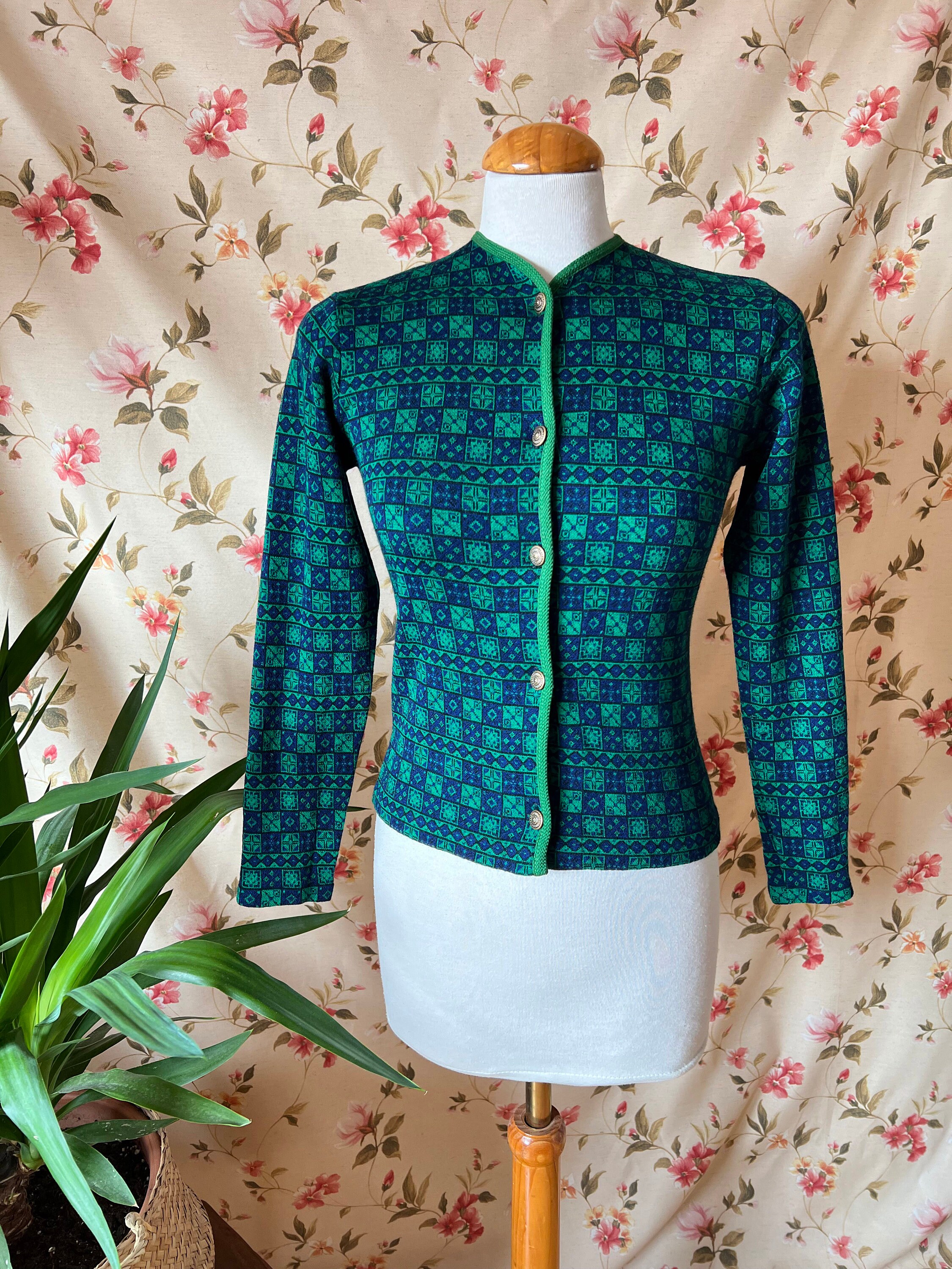 Vintage 70s Retro Wool Cardigan, 60s Navy Crop Top Bohemian Forest