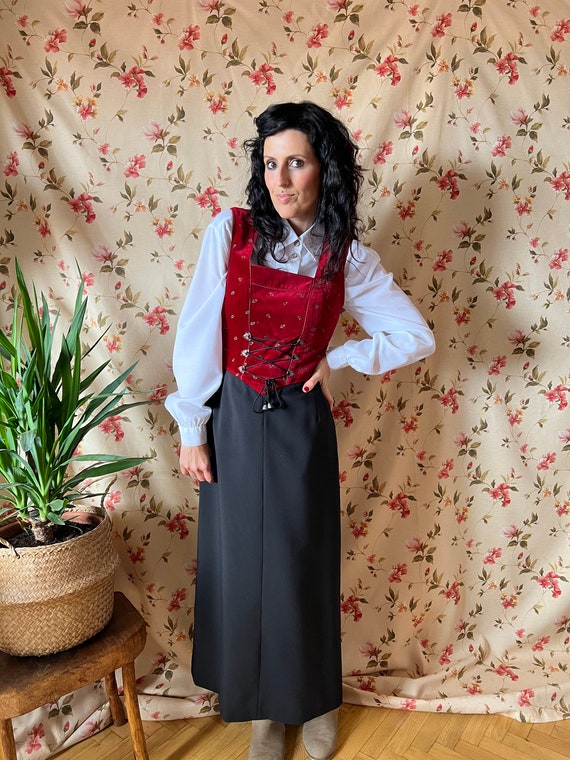 Vintage velvet corset dress, folk dirndl milkmaid… - image 1