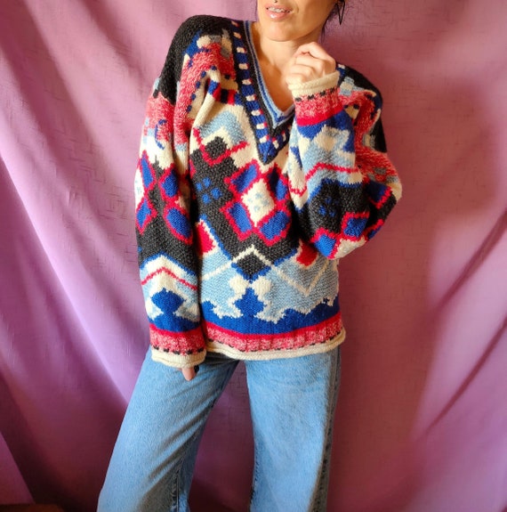Vintage Scandinavian Style Sweater Plus Size. 90s Oversize Handmade Jacquard Knitted Fall Wool Chunky Jumper Ethnic Ikat. Bohemian Winter