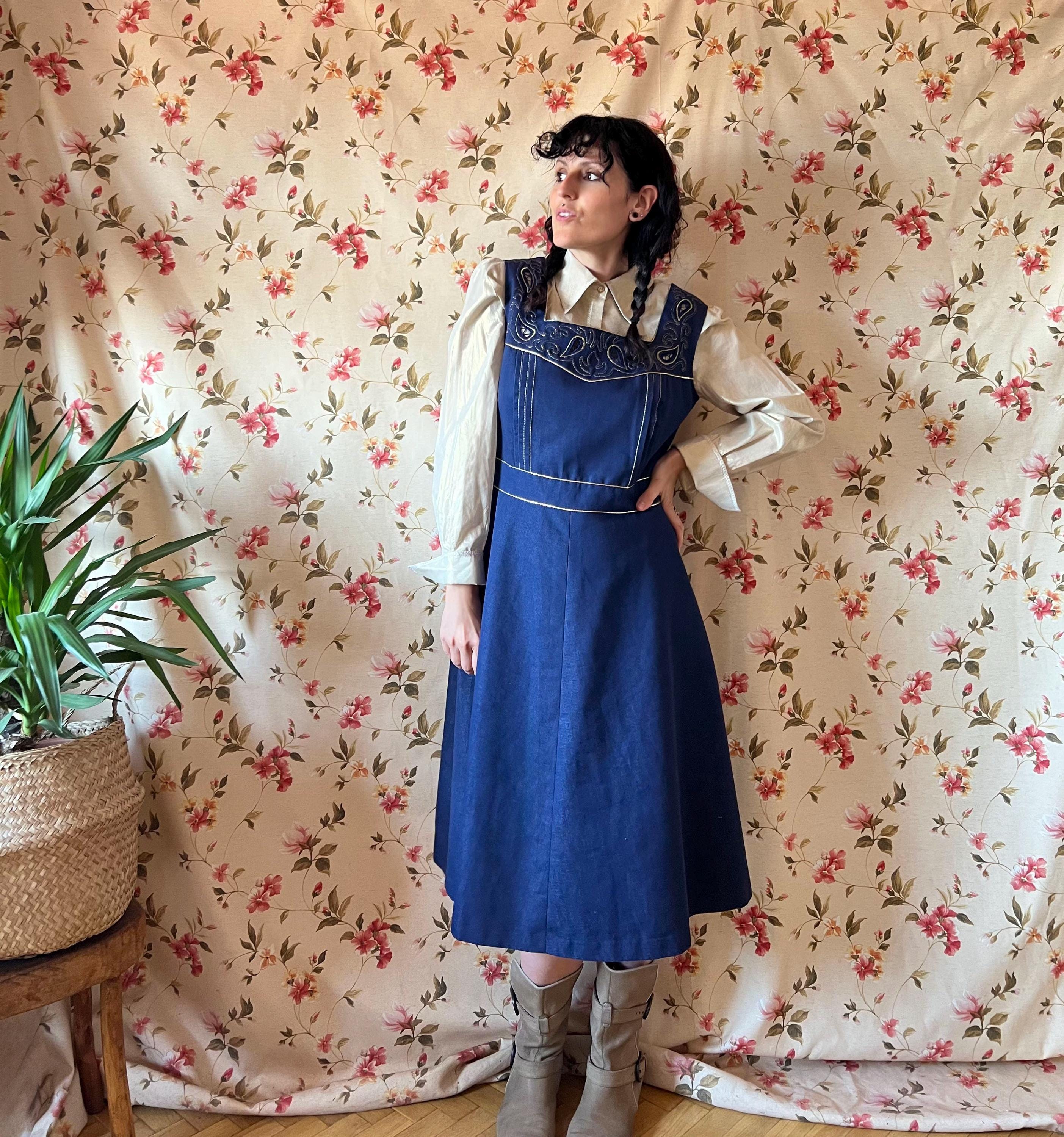 Vintage denim pinafore dress XL 70s, gold embroidery 60s midi rodeo country shift mod