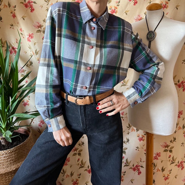 Vintage grunge checks shirt 90s academia shoulder pad goblin flannel librarian cottage autumn button up business casual non binary top XL