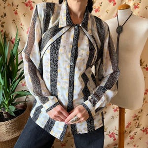 Vintage black gold striped sheer blouse 90s XL, glam shirt Korean Japanese style party top shoulder pad  disco evening elegant statement 2XL