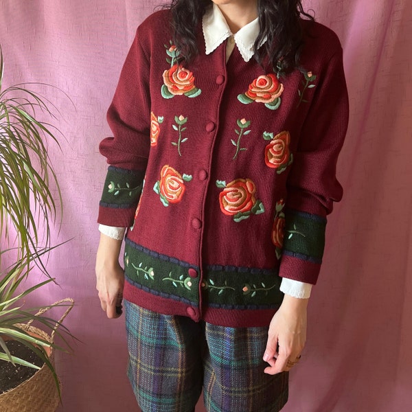 Vintage hygge cardigan 3D floral embroider dobrila style cottage granny plus size 90s nordic goblin alpine bohemian country wool sweater 2XL