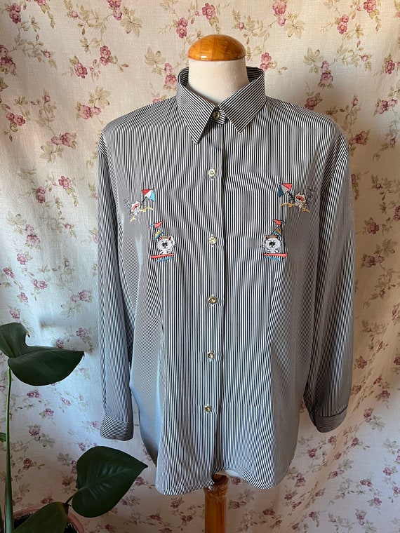 Vintage cat embroidery shirt office nautical funk… - image 9