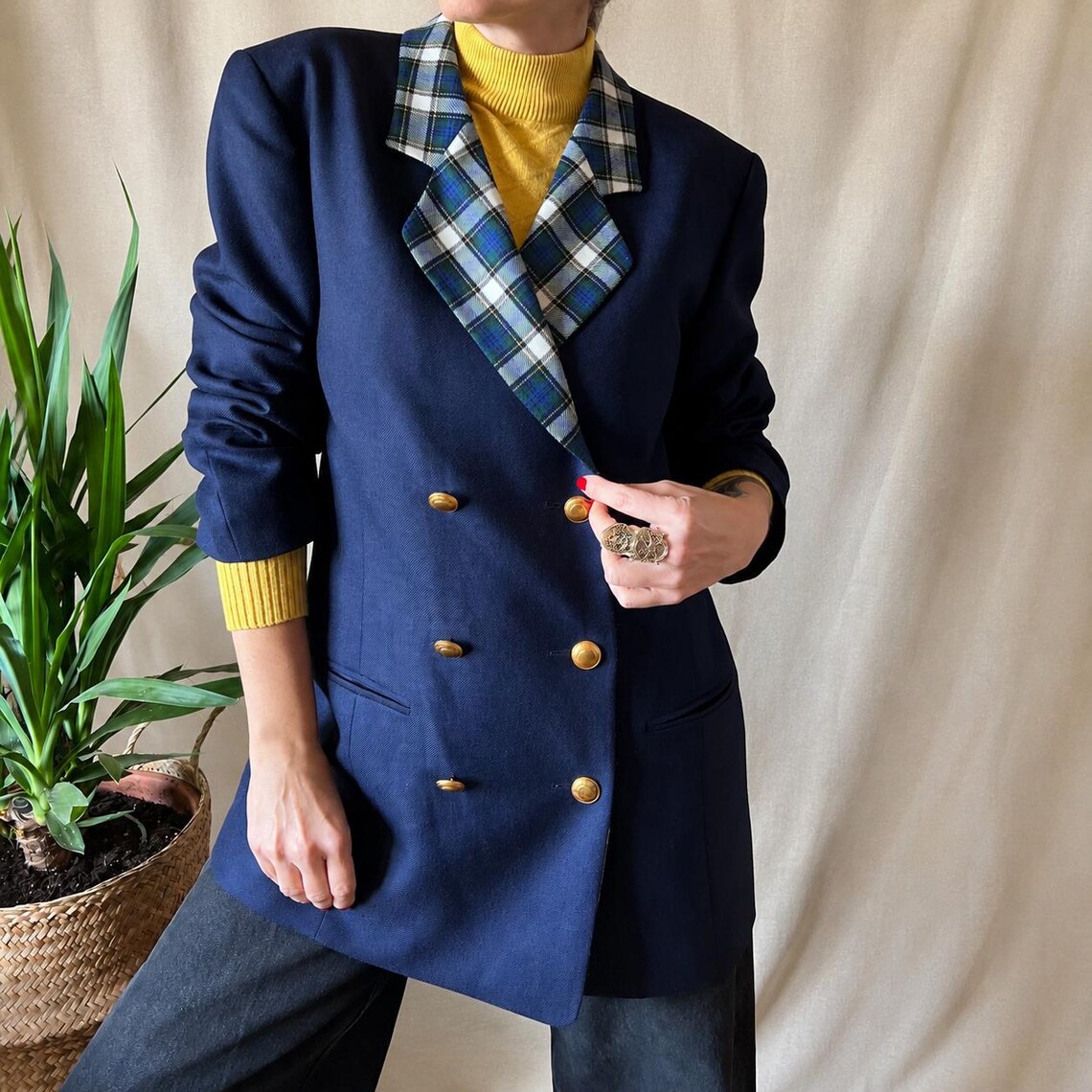Vintage business wool jacket XL 80s, elegant navy blazer elegant classy office coat, foto 1 de 5