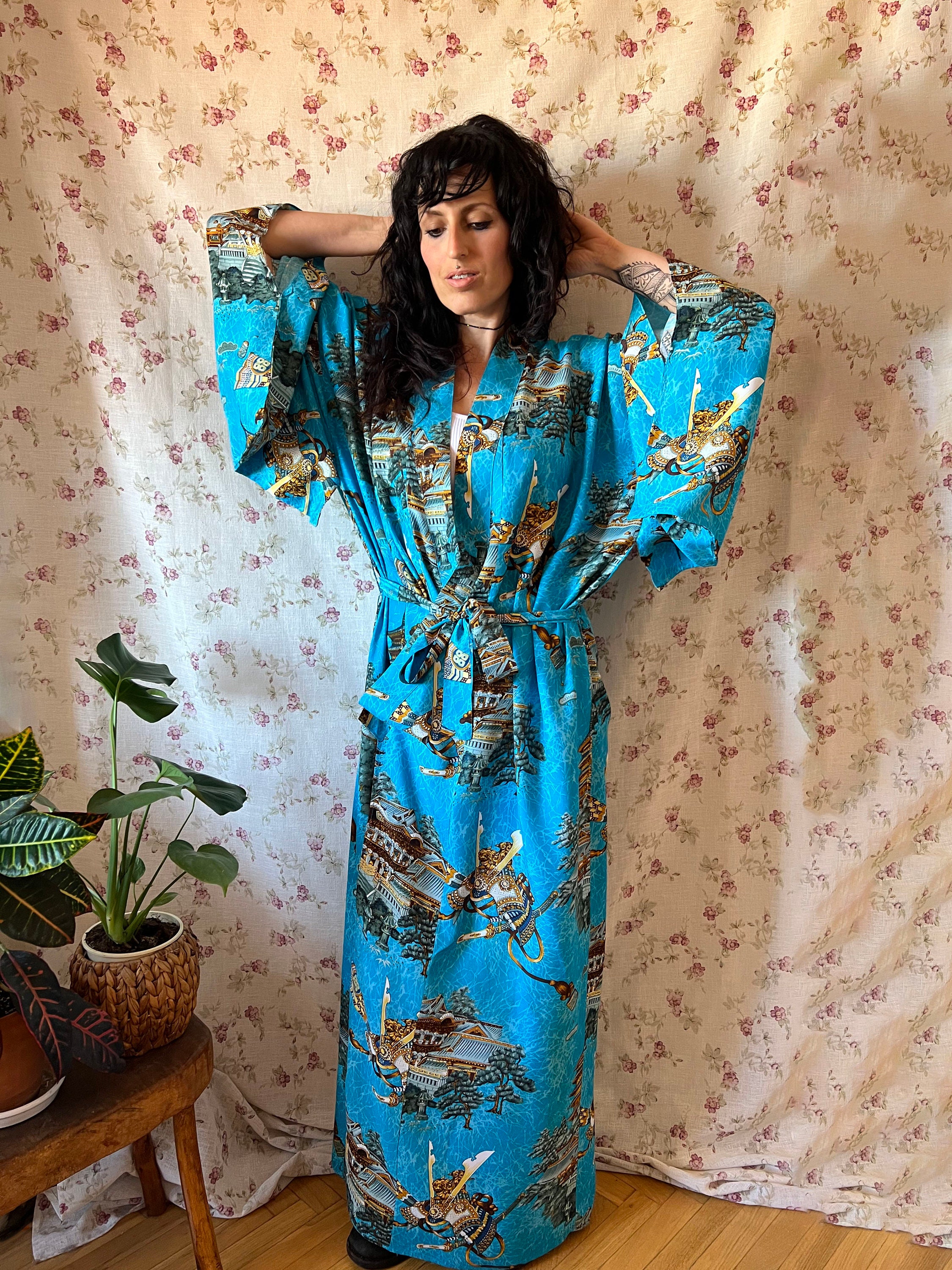 Vintage Japanese Print Kimono Robe 90s 80s Bohemian Duster