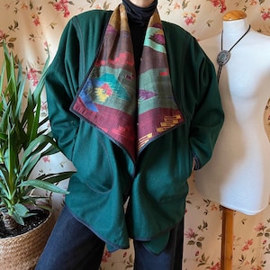 Vintage Southwestern wool duster Indian coat 90s, ethnic plus size 80s cape draped winter moss green artsy geometric aztec kimono navajo 2XL