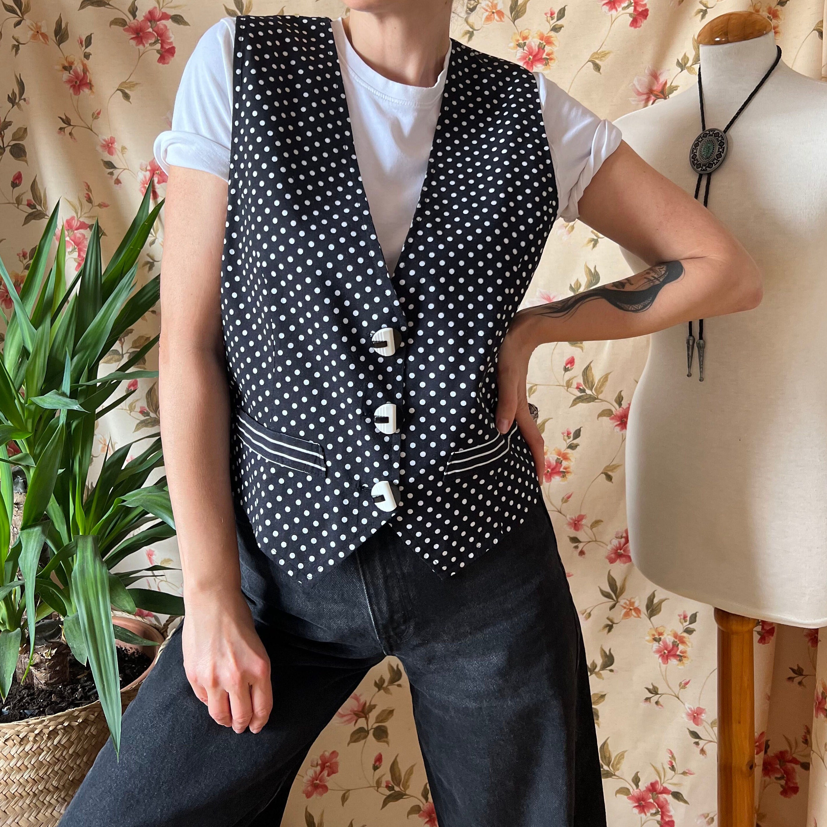 Vintage Polkadot Waistcoat 90s M Retro Vest Funky Top Dark Academia Striped Back Coquette Evening Feminine Romantic Chic Sleeveless Party