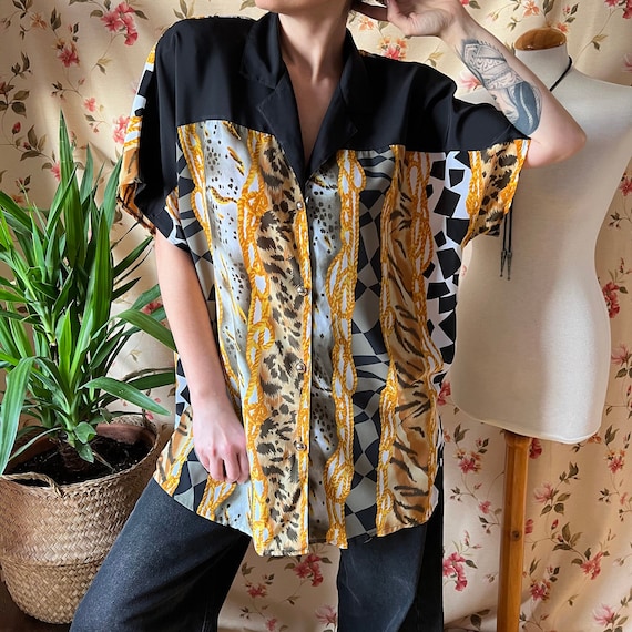 Vintage ethnic shirt funky 90s, shoulder pad glam… - image 1