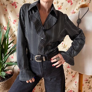 Vintage office goth shirt bell sleeve Y2K XL, corporate classy button up top scalloped 90s business striped secretary evening dressy 70s