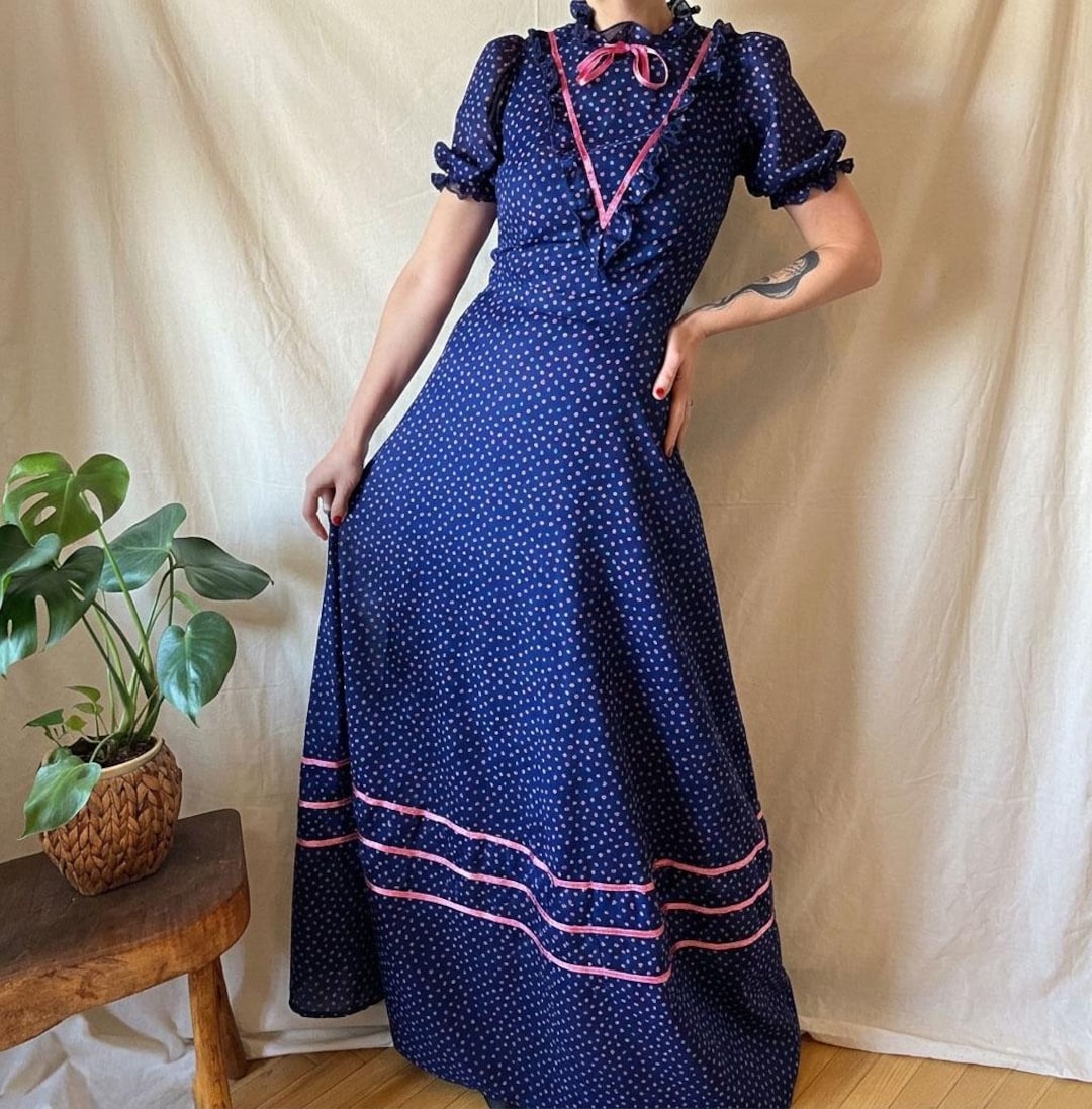 prairie dress outfits Rosemary in Lakeside Vintage Style Dress rinkle long sleeve tops shirts Vintage prairie maxi dress 70s