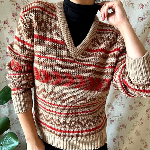 Vintage 70s style sweater wool secretary office folk hygge jacquard preppy bohemian fairisle librarian 80s elegant classy mod work alpine L