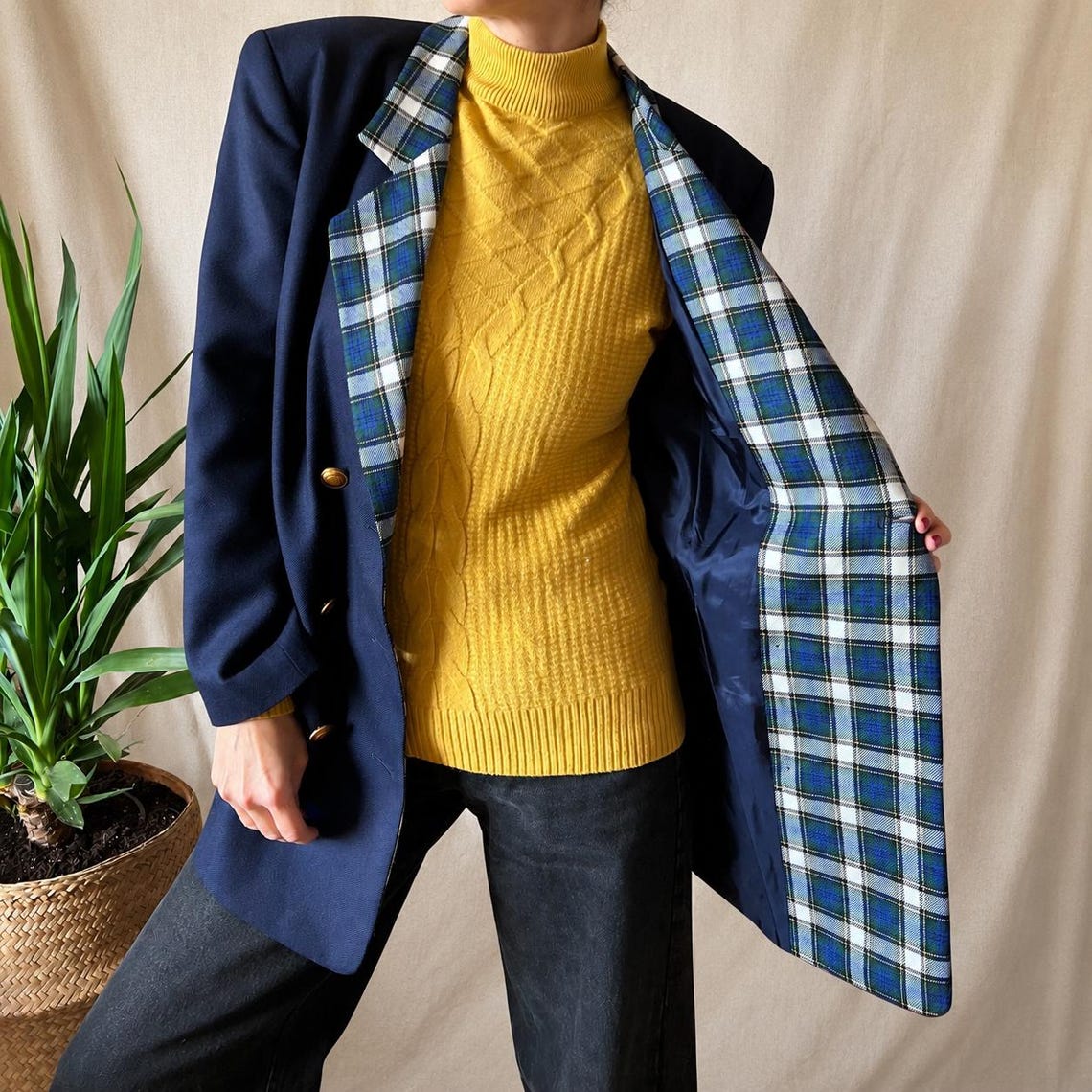 Vintage business wool jacket XL 80s, elegant navy blazer elegant classy office coat, foto 3 de 5