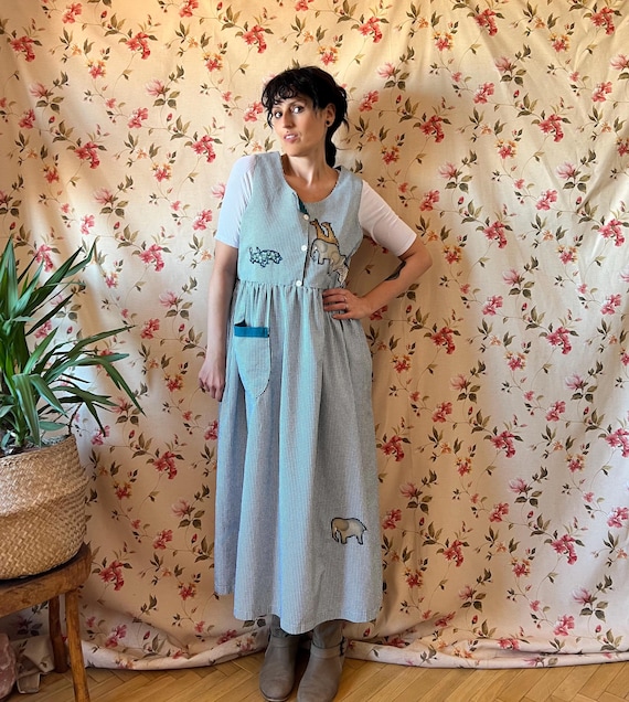 Vintage Animals Pinafore Dress L, 90s Gingham Jungle Midi Bib