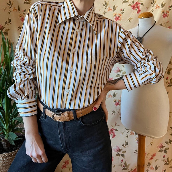 Vintage business shirt 70s, dagger collar office outfit non binary button up preppy funky plus cotton work pointy autumn boyfriend top XL