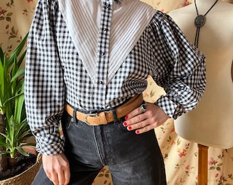 Vintage viktorianisches Westernhemd aus den 90ern, Gunne Button Up Gibson Girl Top Prairie Folk Ballon antik Gingham-Passe Baumwolle Country 70er Cowboy M L