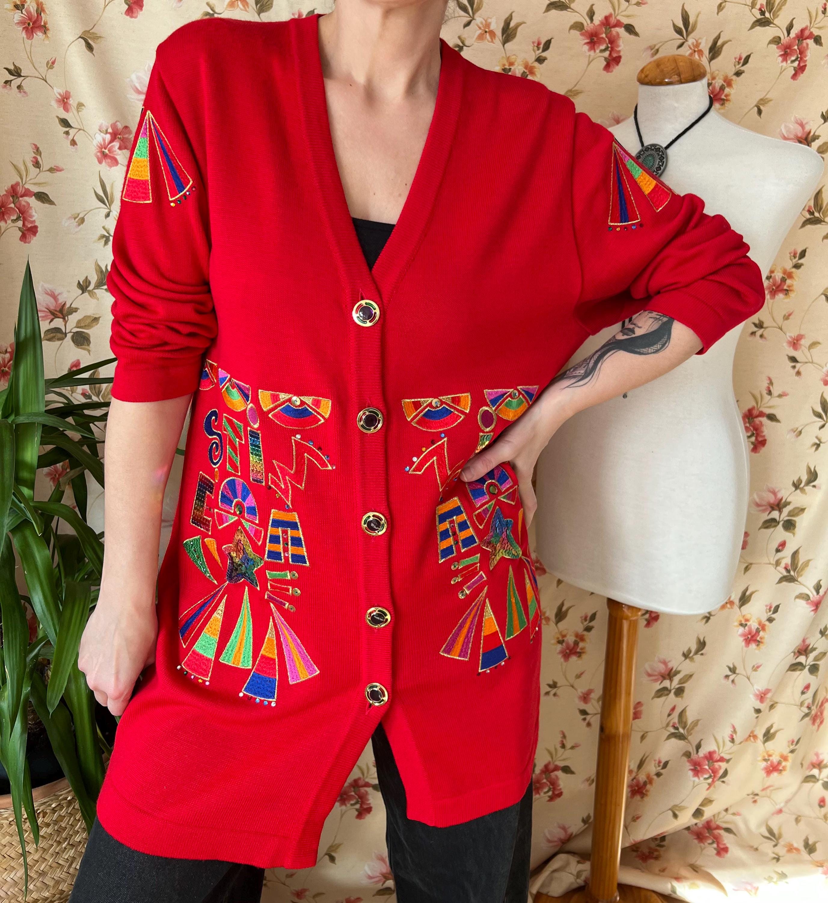 トップス 90s DISEL Sweat Cardigan. Vintage Red Embroidered Cardigan 90s XL, Funky Aztec