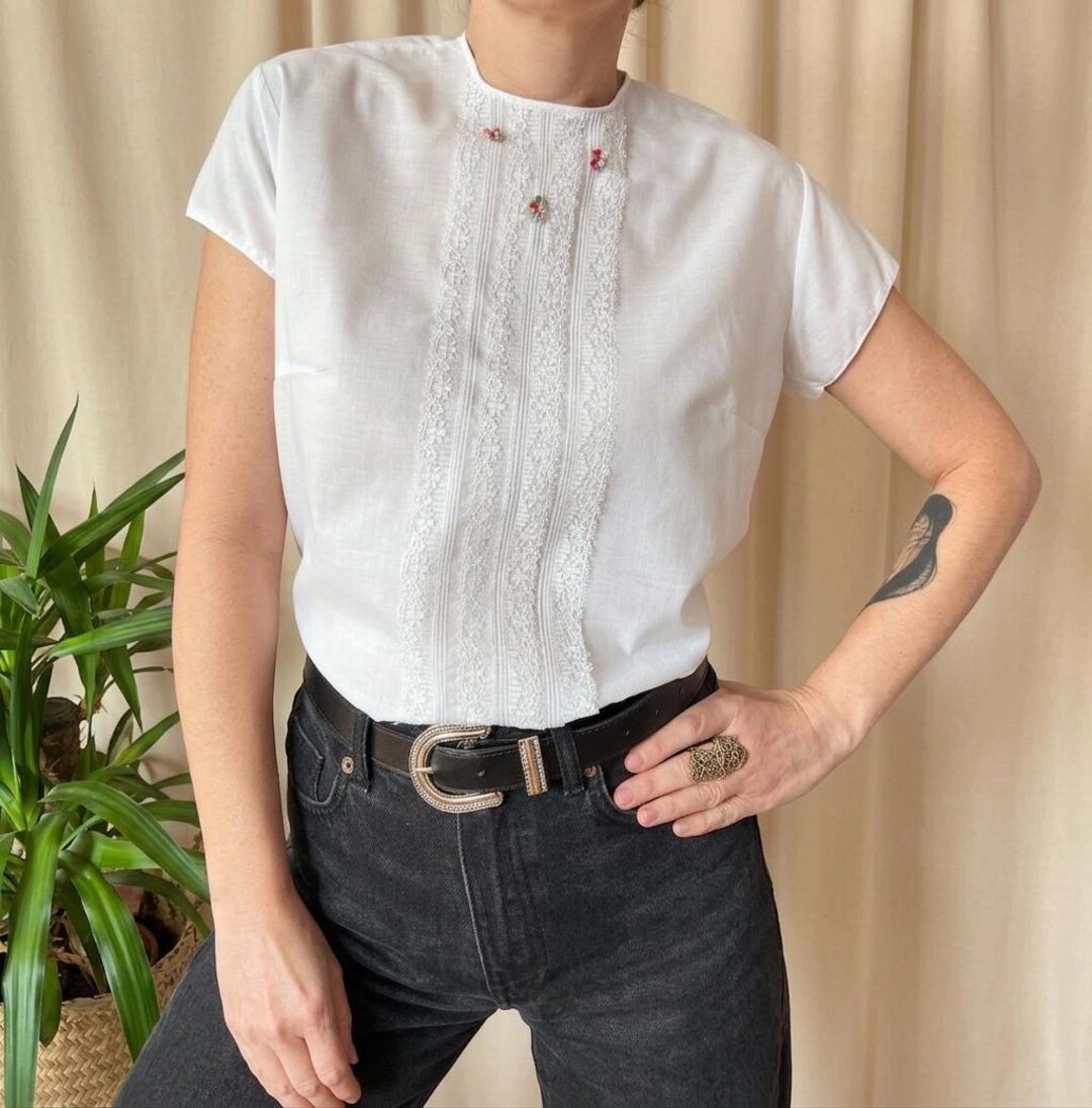 Folk Button Vintage Folk Button Back Shirt M 70s, Embroidered Lace Antique Style ...