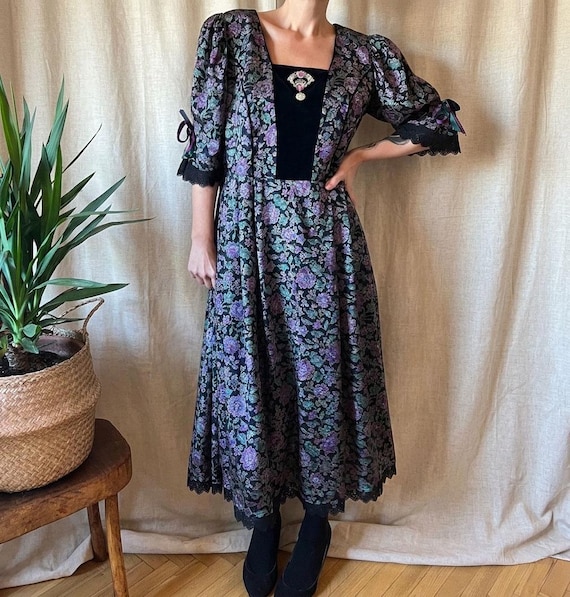 plus size evening midi dresses Unique Vintage Plus Size Purple Ditsy Floral Smocked Bodice Midi Dress