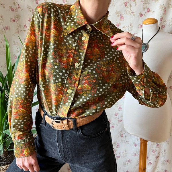 Vintage dagger collar shirt 70s folk moss burnt pointy office outfit bohemian prairie business casual 60s autumn hippy mod secretary top XL