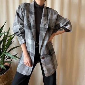 Vintage geruite schoudervulling blazer L jaren 90, oversized linnen zakelijk jack non-binary jas