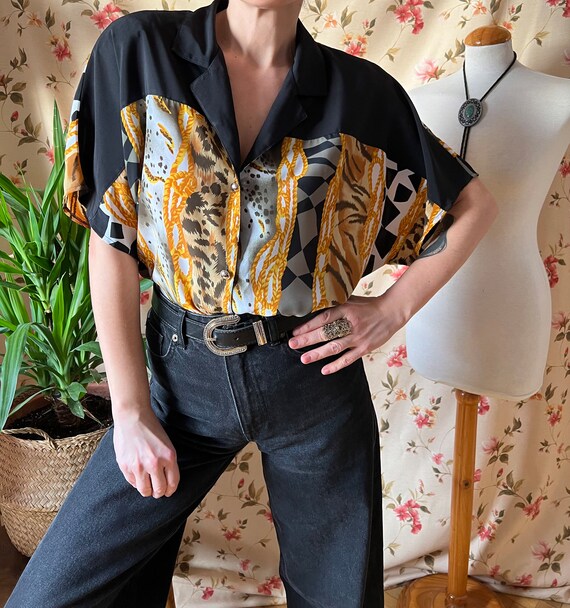 Vintage ethnic shirt funky 90s, shoulder pad glam… - image 4