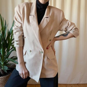 Vintage geruite wollen blazer M jaren 90, winter oversized zakelijke jas met schoudervulling voor kantoor