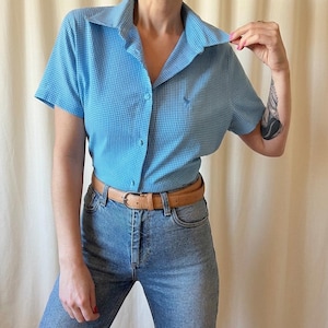 Vintage 50er Jahre Stil Vichy Bluse S 90er Jahre, Rockabilly Hemd Knöpfe Landhaus Vichykaro Top