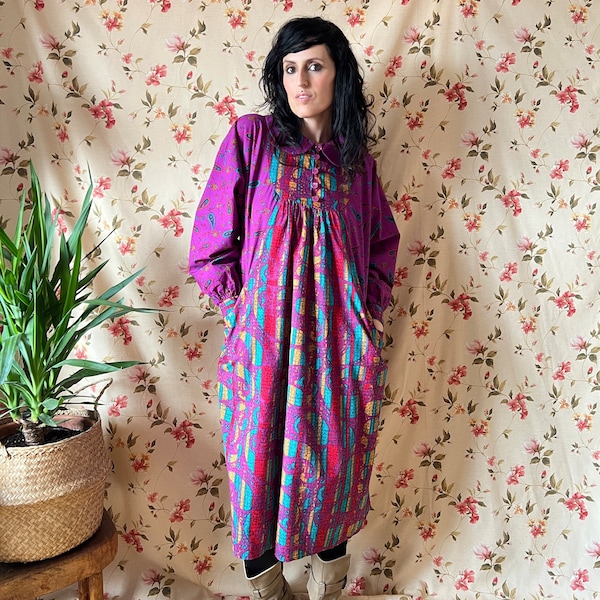 robe folk vintage de style indien XL, blouse africaine ethnique guatémaltèque en coton des années 80 et bavoir de maternité ballon bohème tribal psychédélique 2XL