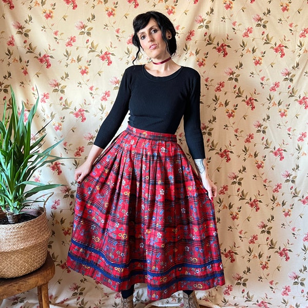 Vintage Austrian skirt XL, 80s 70s milkmaid folk cottage checks lace prairie tomato maxi garden cotton bavarian country midi Victorian 2XL